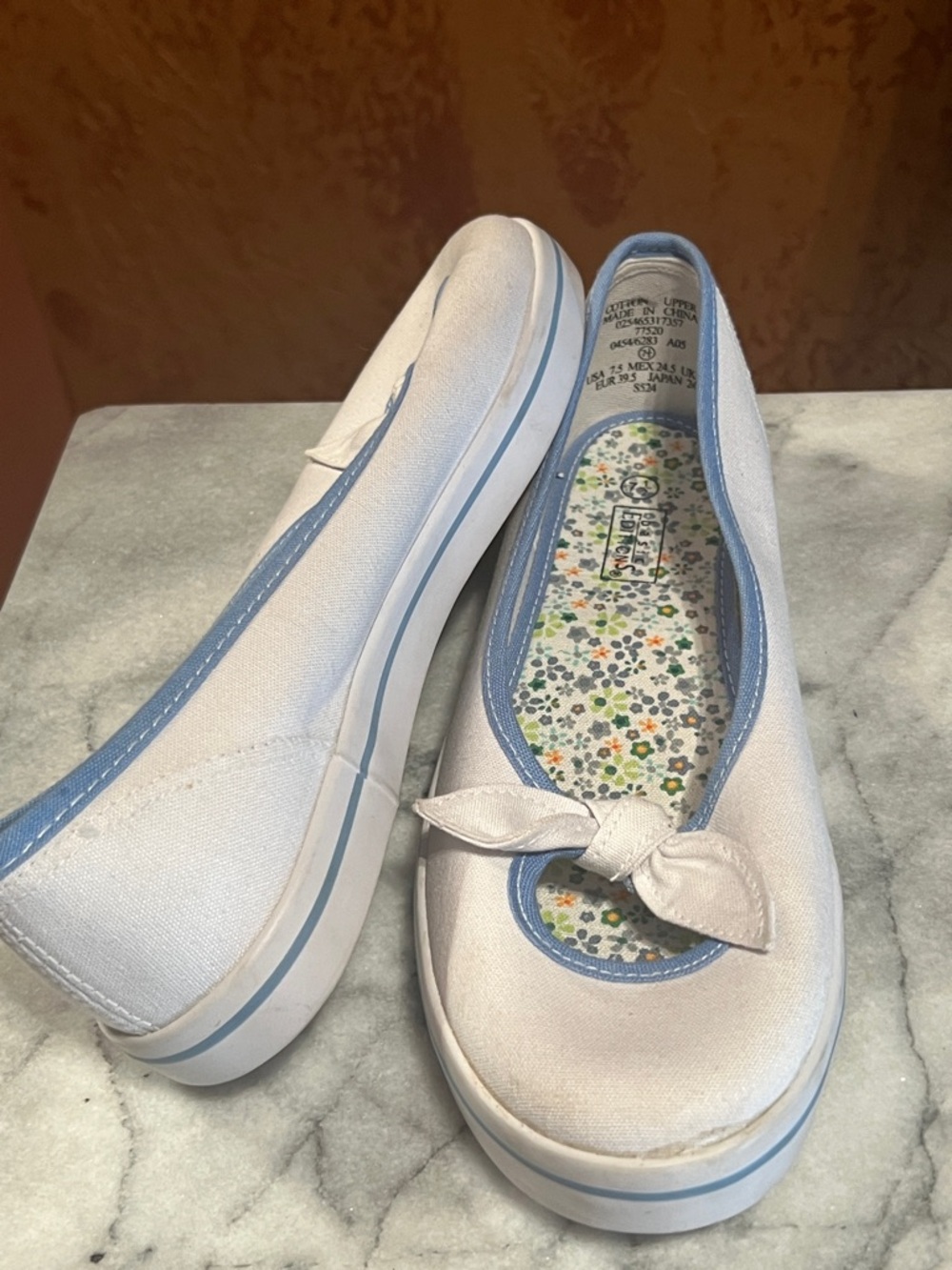 Basic Editions White Canvas Slip-On Flats with Blue Trim and Knot Accent